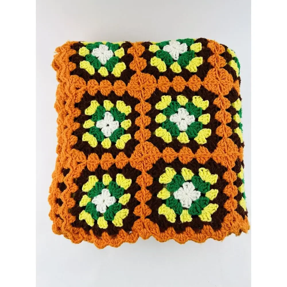 Vintage Crochet Granny Square Afghan Blanket Green Orange Brown Retro 70s Hippie